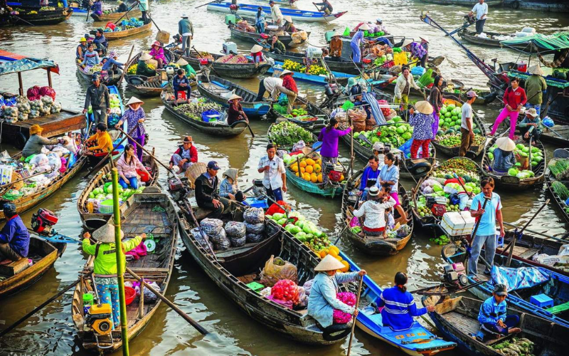 The Mekong Delta showcases floating markets, tropical fruit, and river traditions.